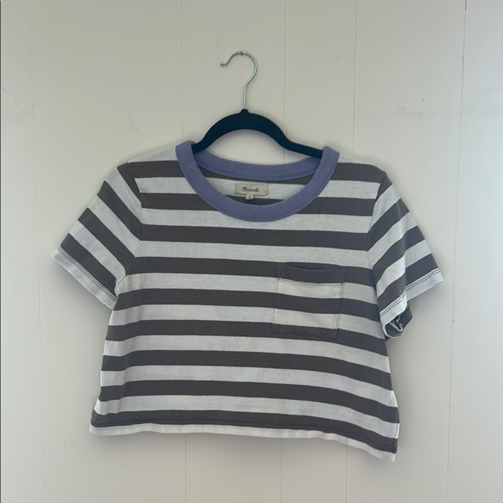 Madewell Gray and White Striped Crop Top